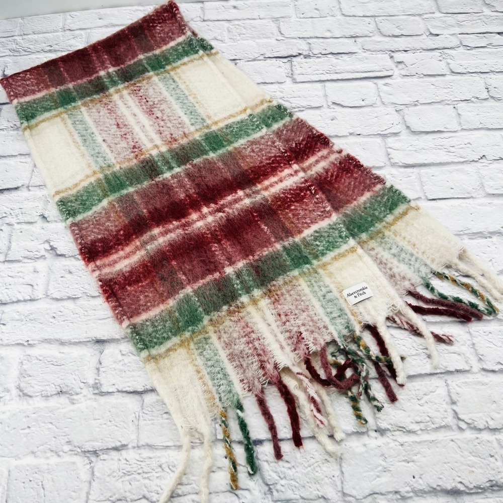 Abercrombie & Fitch Burgundy Green Cream Plaid Oversized Fringe Scarf Wrap